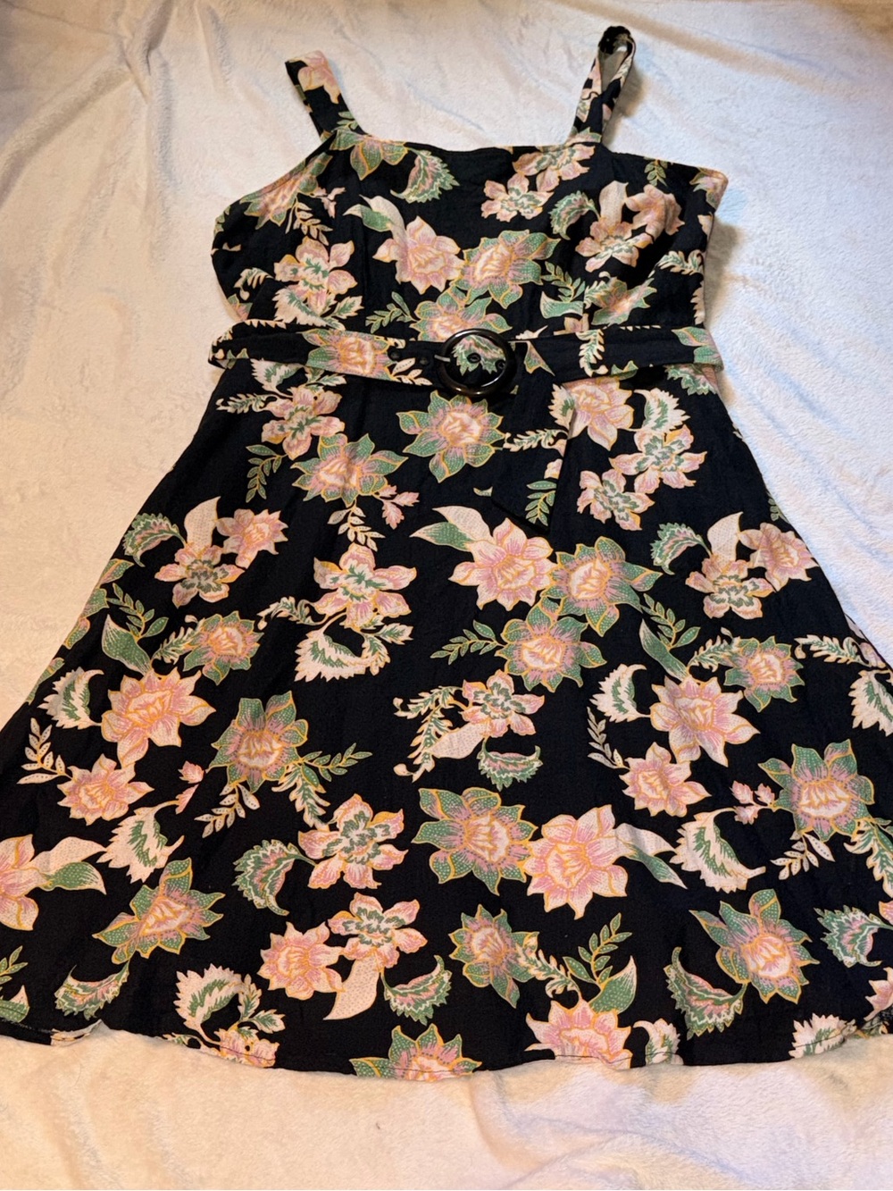 Who What Wear Black Floral Sundress with Pink & Green Accents and Belt